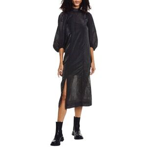 GANNI Checked Seersucker Midi Dress In Black